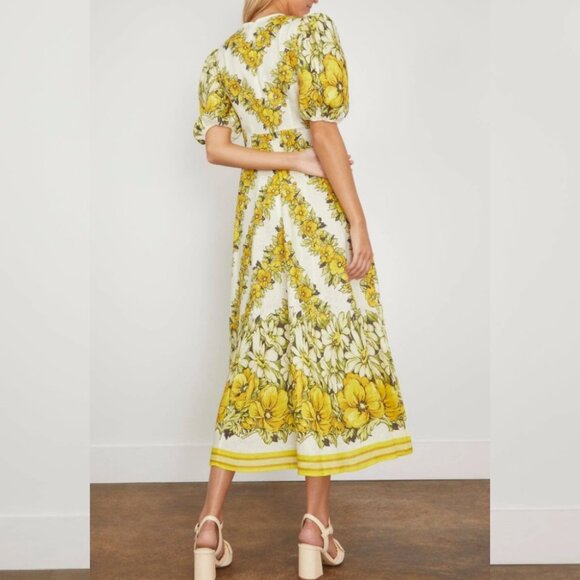 Alemais Yellow Gisela Balloon-Sleeve Floral Linen A-Line Midi Dress - Picture 2 of 12